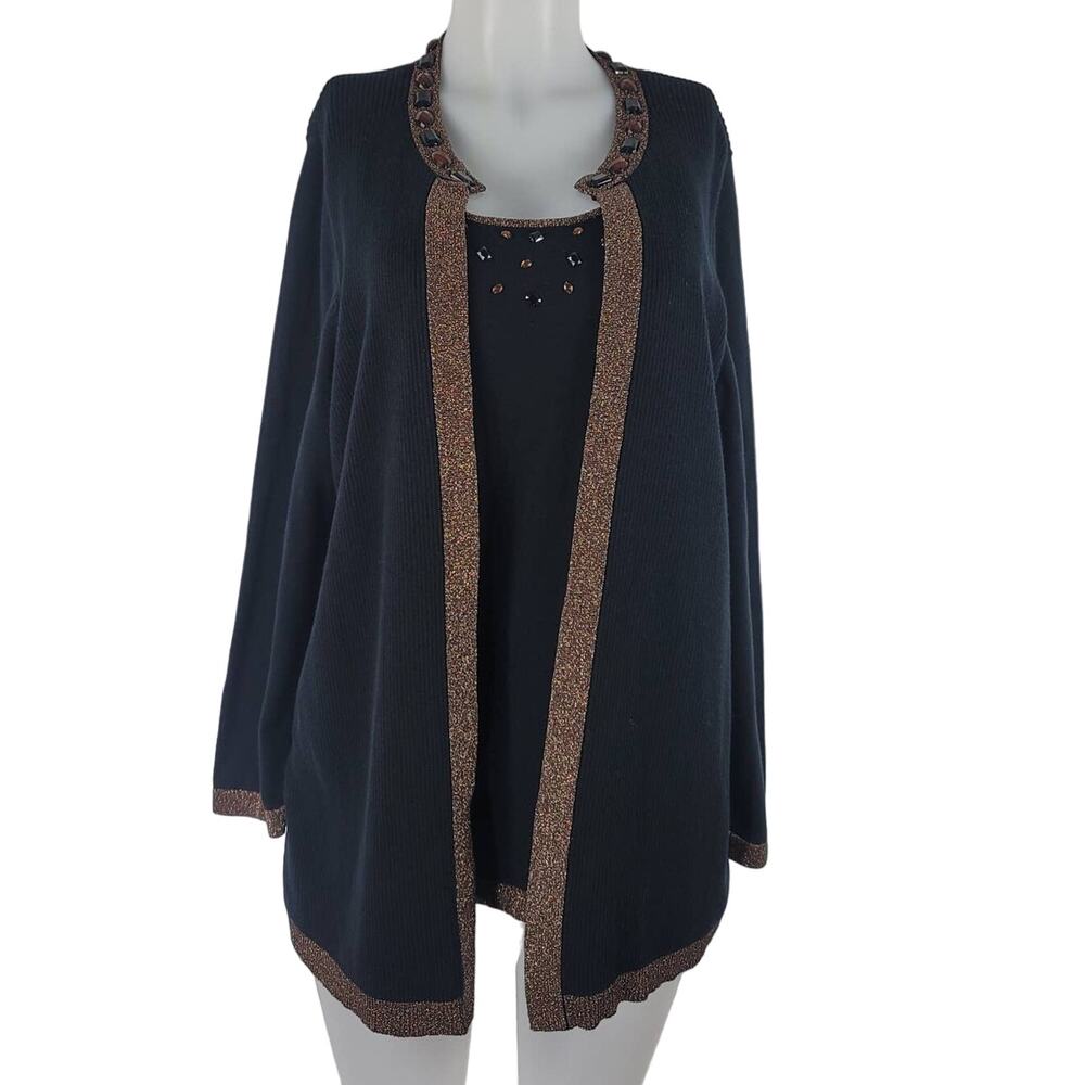 Maggie Barnes Black Brown Beaded Built-In Top Sweater 0X/16